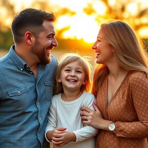 A family of four laughing together during an outdoor photoshoot