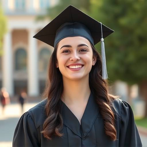 A graduate posing in their cap and gown on a university campus